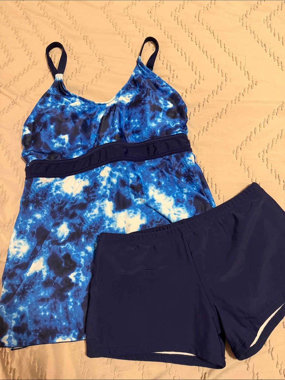 Blue Tie-Dye Tankini Swim Set with Navy Shorts